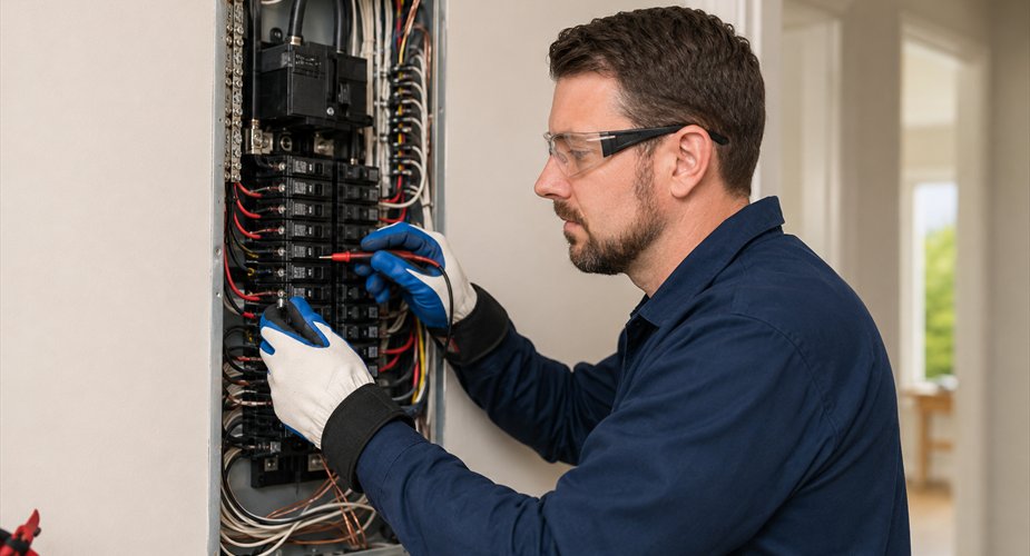 Electrician inspecting a residential electrical panel