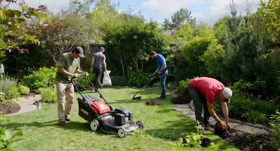 Landscaping crew working in a residential garden
