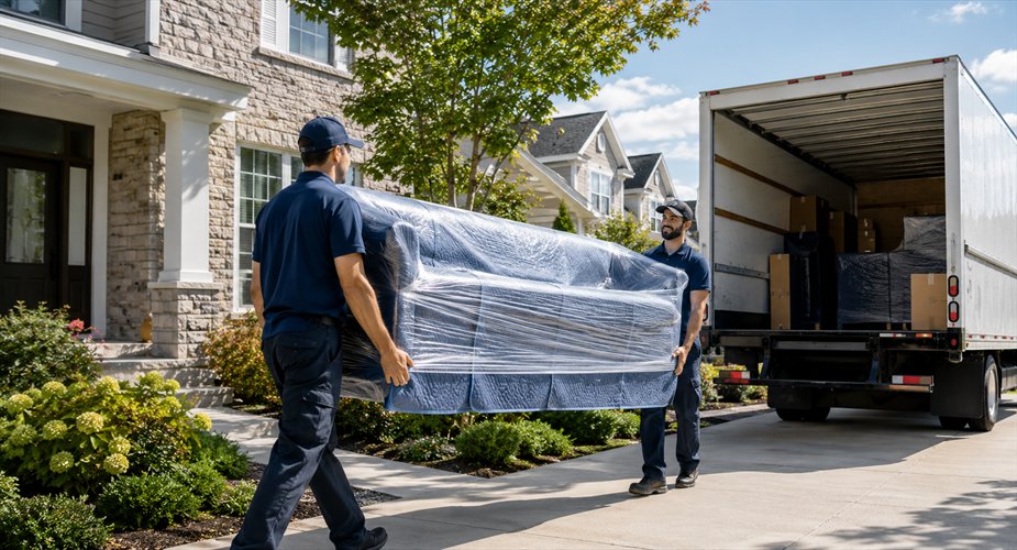 Professional movers carrying a wrapped sofa to a moving truck