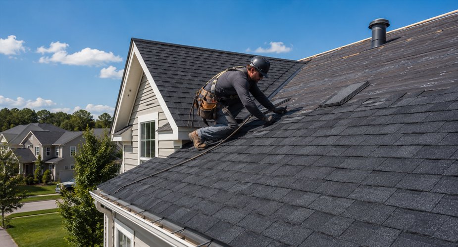 Roofer installing shingles on a residential roof
